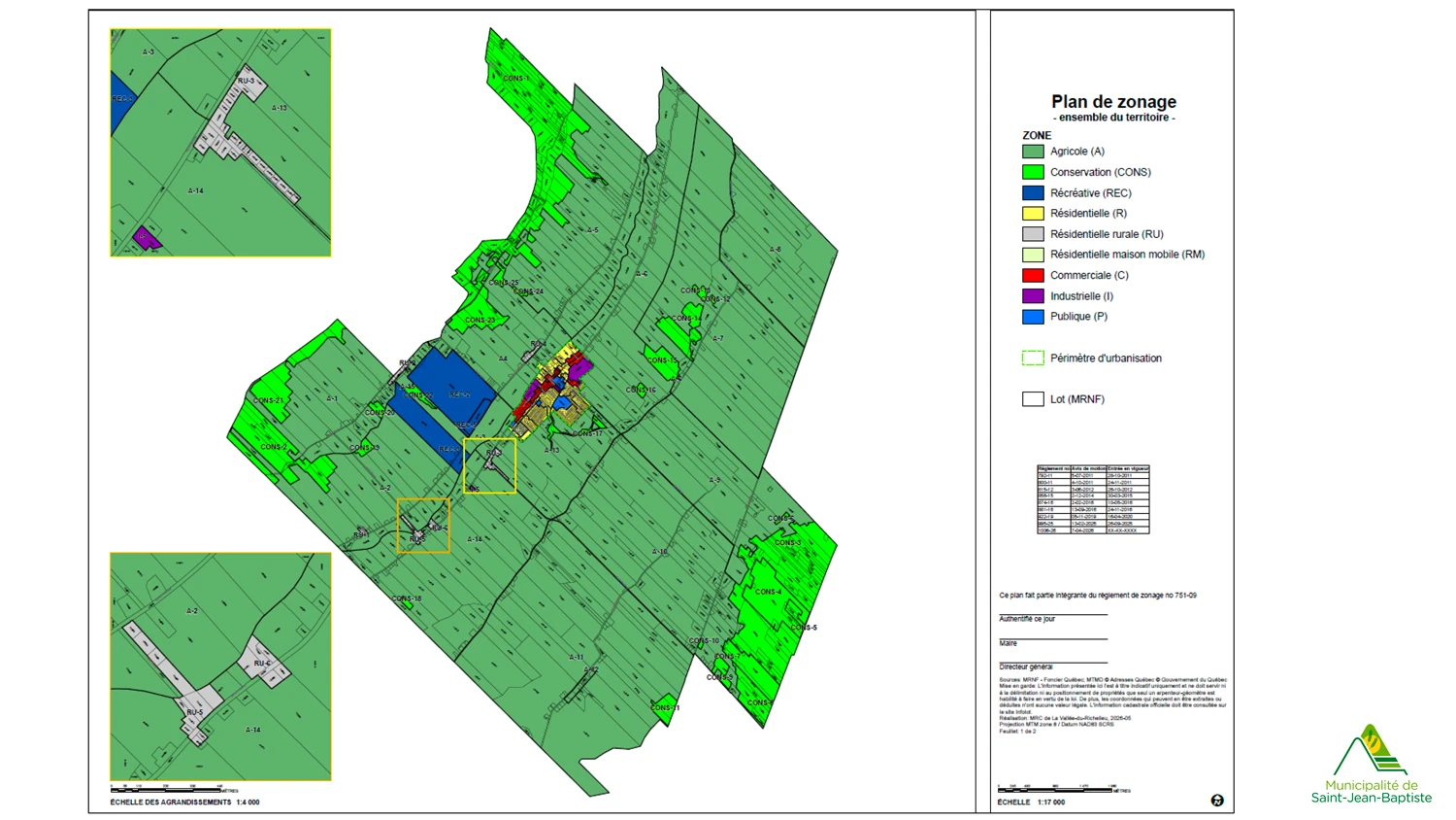 Plan de zonage de l'ensemble du territoire de Saint-Jean-Baptiste